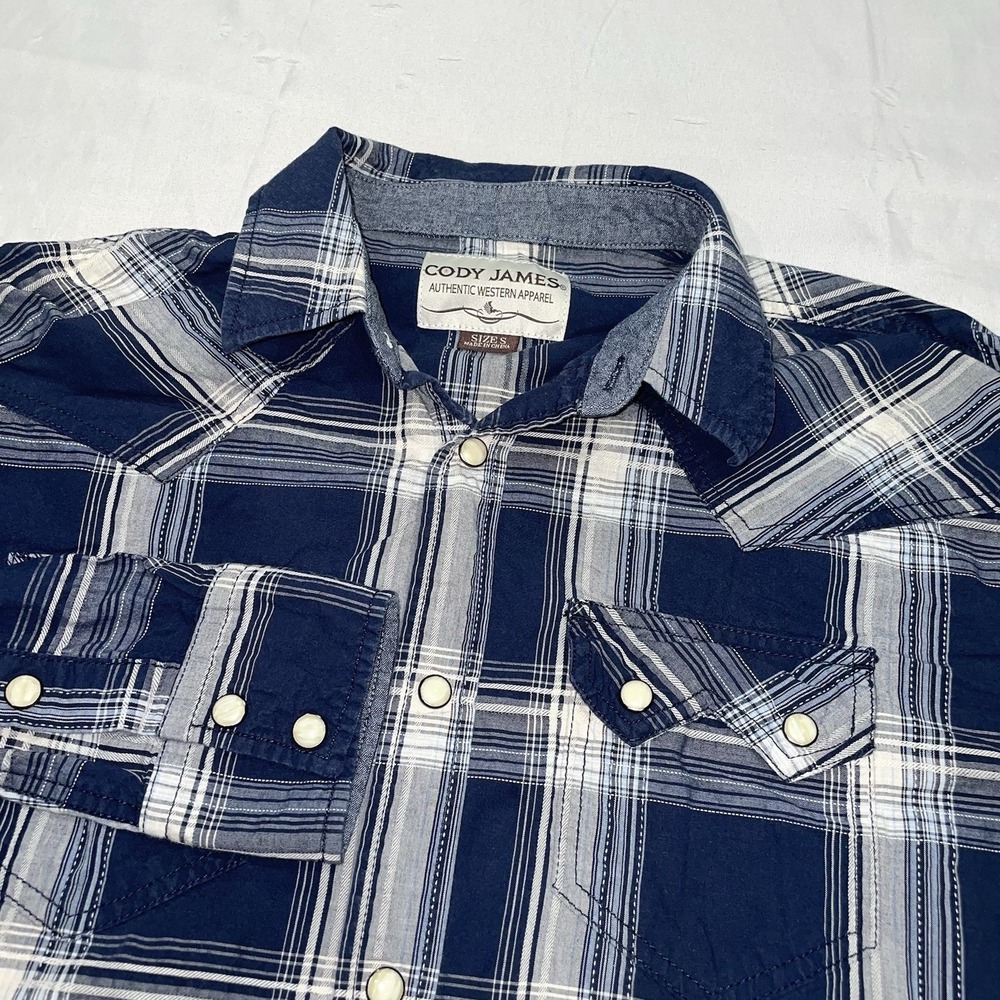 Cody James Men's Plaid Western Snap Shirt Blue White Pearl Snaps Size S